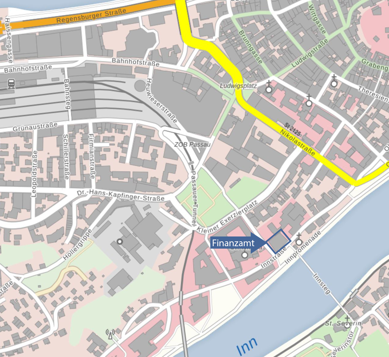  Stadtplan mit Markierung Finanzamt Passau, Innstraße 36