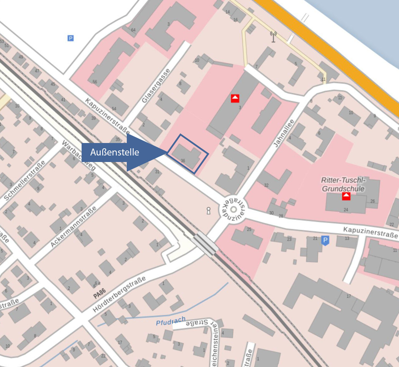  Stadtplan mit Markierung der Außenstelle Vilshofen, Kapuzinerstraße 36
